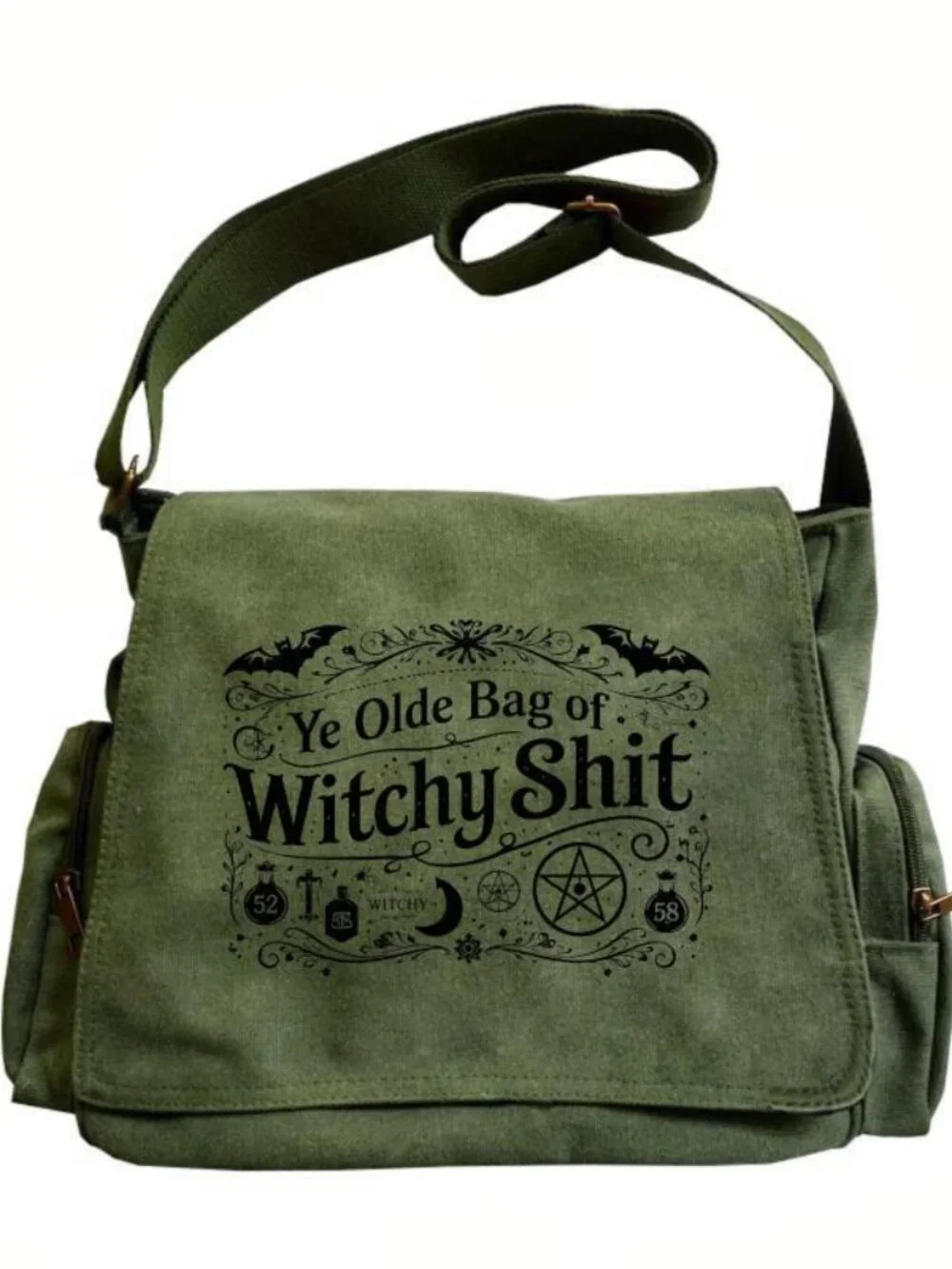Messenger Bag Large Capacity Retro Tote with Bat and Pentagram Print